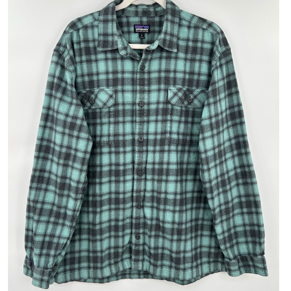 Patagonia Men XL Organic Cotton Fjord Flannel Shirt Teal Green Plaid Gorpcore